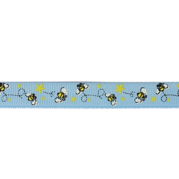 GROSGRAIN RIBBON - PRINT - BEES 02 - 10mm BLUE AND WHITE-YELLOW - 100yards(91m)