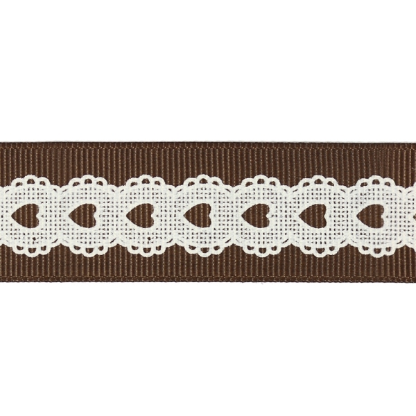 GROSGRAIN RIBBON - HEARTS - 26mm BROWN AND WHITE - 100yards(91m)