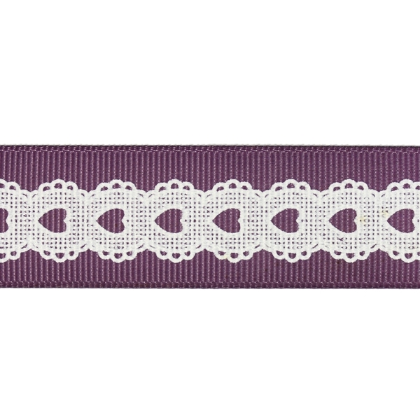 GROSGRAIN RIBBON - HEARTS - 26mm PURPLE AND WHITE - 100yards(91m)