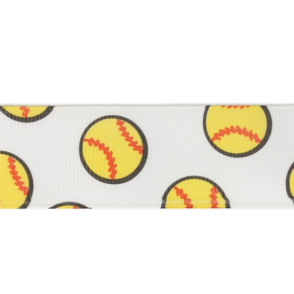 GROSGRAIN RIBBON - PRINT - BASEBALL 01 - 25mm WHITE AND YELLOW-RED - 50yards(45m)