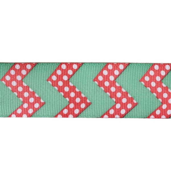 GROSGRAIN RIBBON - PRINT - ZIGZAG STRIPES 03 - 25mm GREEN AND RED-WHITE - 50yards(45m)