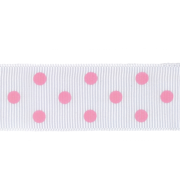 GROSGRAIN RIBBON - DOTS - 26mm WHITE AND PINK - 100yards(91m)