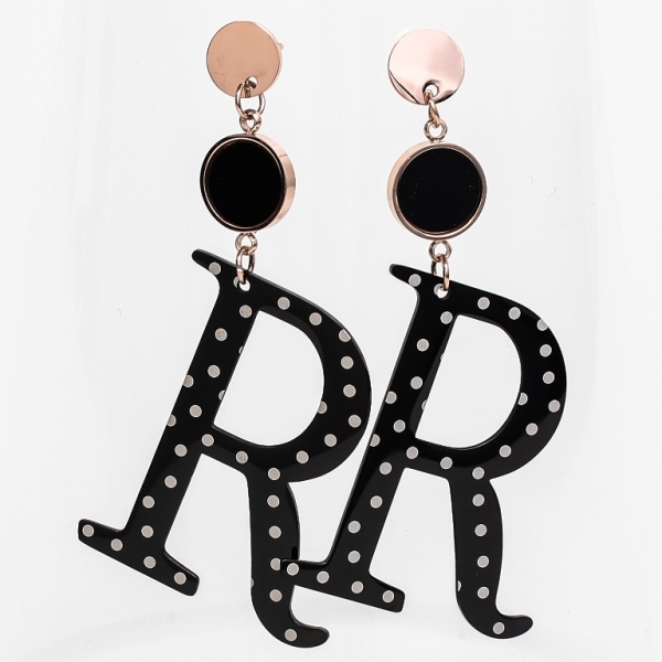 JEWELRY - EARRINGS - SCREW - STAINLESS STEEL AND RESIN - CIRCLE 01 WITH LETTER R - 3x6.5cm ROSE GOLD AND BLACK - 1 pair