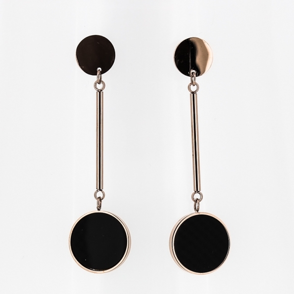 JEWELRY - EARRINGS - SCREW - STAINLESS STEEL AND RESIN - CIRCLES WITH ROD 02 - 1.5x5cm ROSE GOLD AND BLACK - 1 pair