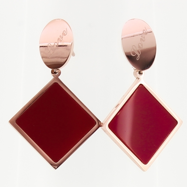 JEWELRY - EARRINGS - SCREW - STAINLESS STEEL AND RESIN - OVAL LOVE AND SQUARE - 2x3.5cm ROSE GOLD AND RED - 1 pair