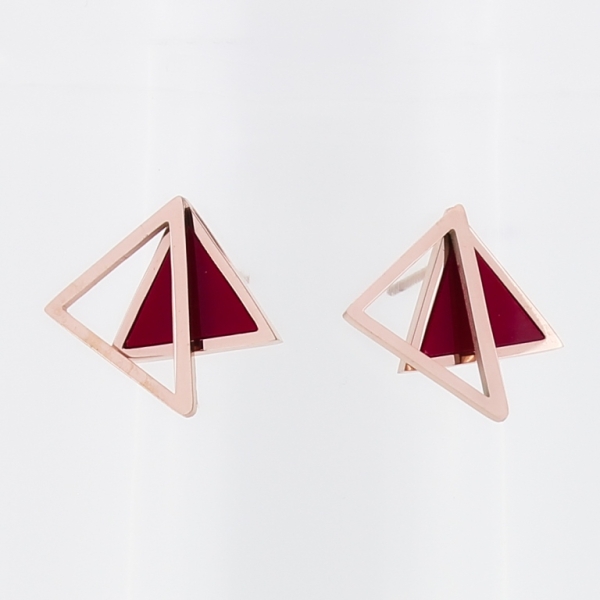 JEWELRY - EARRINGS - SCREW - STAINLESS STEEL AND RESIN - TRIANGLES 03 - 1.8x1.6cm ROSE GOLD AND RED - PACKAGE 6 pairs