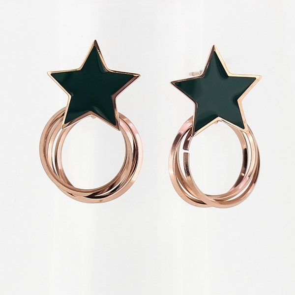 JEWELRY - EARRINGS - SCREW - STAINLESS STEEL WITH ENAMEL - STAR CIRCLES - 2x3cm ROSE GOLD AND GREEN - PACKAGE 6 pairs