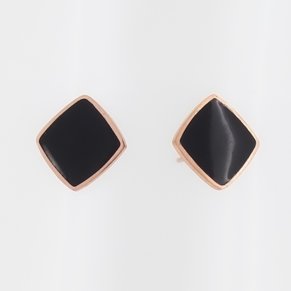 JEWELRY - EARRINGS - SCREW - STAINLESS STEEL WITH ENAMEL - SQUARE 02 - 1.2x1.2cm ROSE GOLD AND BLACK - PACKAGE 6 pairs