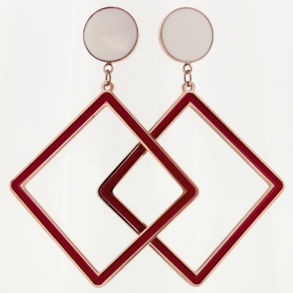 JEWELRY - EARRINGS - SCREW - STAINLESS STEEL WITH ENAMEL - CIRCLE AND SQUARE 01 - 2x3.5cm ROSE GOLD WITH WHITE AND RED - 1 pair