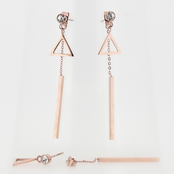 JEWELRY - EARRINGS - SCREW - STAINLESS STEEL WITH CRYSTAL - TRIANGLE 01 - 1.2x2cm ROSE GOLD AND WHITE - PACKAGE 6 pairs