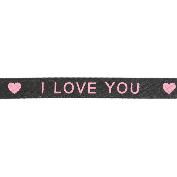 SATIN - PRINT - I LOVE YOU AND HEARTS 01 - 10мм BLACK AND PINK - 100yards(91m)