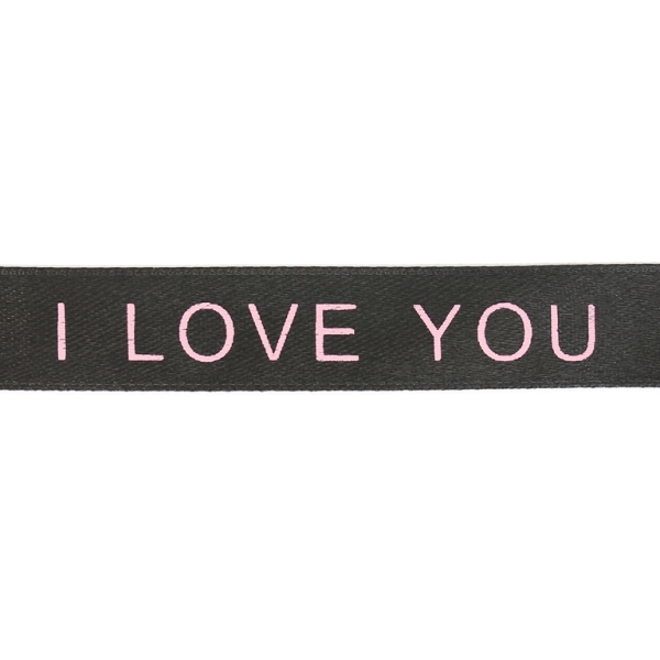 SATIN - PRINT - I LOVE YOU AND HEARTS 01 - 16мм BLACK AND PINK - 100yards(91m)