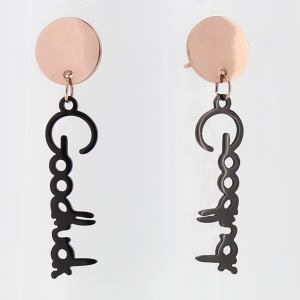 JEWELRY - EARRINGS - SCREW - STAINLESS STEEL - CIRCLE WITH GOODLUCK - 1x4cm ROSE GOLD AND BLACK - PACKAGE 6 pairs