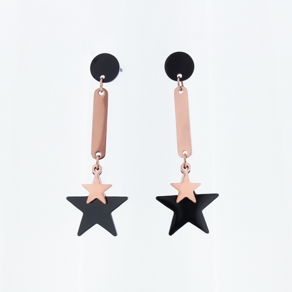 JEWELRY - EARRINGS - SCREW - STAINLESS STEEL - TILE AND STARS - 1.6x4cm ROSE GOLD AND BLACK - PACKAGE 6 pairs