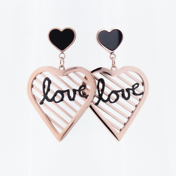 JEWELRY - EARRINGS - SCREW - STAINLESS STEEL - HEARTS 01 LOVE - 2.5x4cm ROSE GOLD AND BLACK - PACKAGE 6 pairs