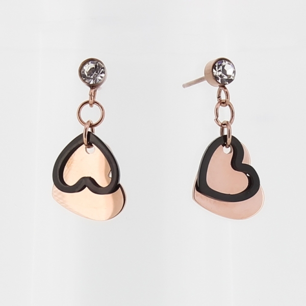 JEWELRY - EARRINGS - SCREW - STAINLESS STEEL AND CRYSTAL - HEARTS 02 - 1.2x2.3cm ROSE GOLD AND BLACK - PACKAGE 6 pairs