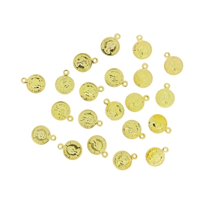 METAL ELEMENTS - IMITATION COIN FOR JEWELRY WITH RING - 10mm - MODEL 03 - GOLD COLOR - NICKEL FREE - 100pcs. Hole-1.5mm