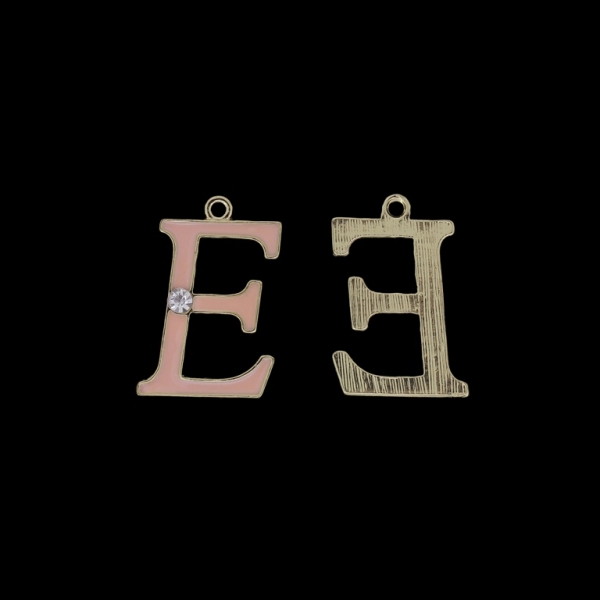 METAL BEADS WITH ENAMEL AND CRYSTALS - PENDANT - LETTER E - 17х25х2mm GOLD AND PINK (LIGHT) - 4pcs. Hole-1.8mm