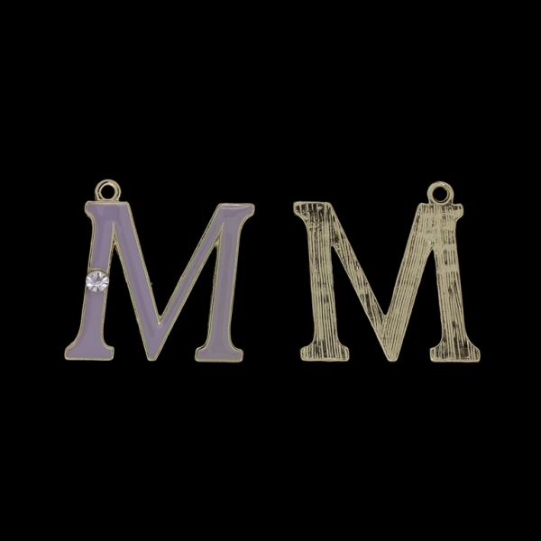 METAL BEADS WITH ENAMEL AND CRYSTALS - PENDANT - LETTER M - 24х25х2mm GOLD AND PURPLE (LIGHT) - PACKAGE 40pcs. Hole-1.9mm