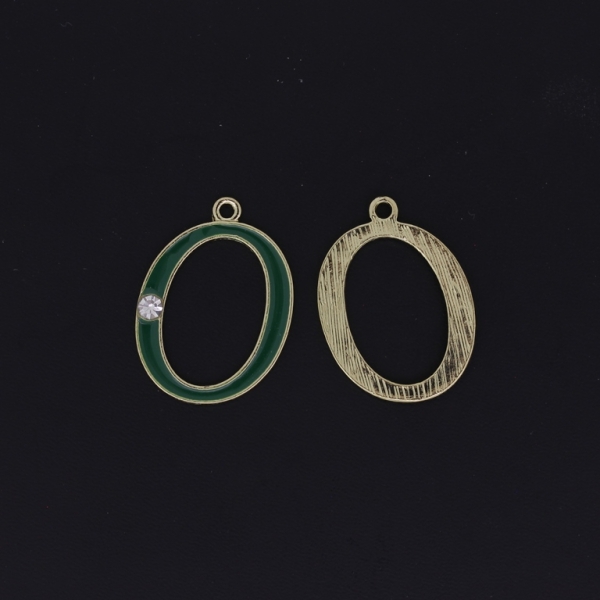 METAL BEADS WITH ENAMEL AND CRYSTALS - PENDANT - LETTER O - 19х26х2mm GOLD AND GREEN - PACKAGE 40pcs. Hole-1.8mm