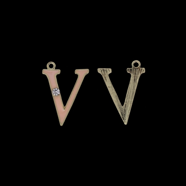 METAL BEADS WITH ENAMEL AND CRYSTALS - PENDANT - LETTER V - 19х26х2mm GOLD AND PINK (LIGHT) - PACKAGE 40pcs. Hole-1.8mm