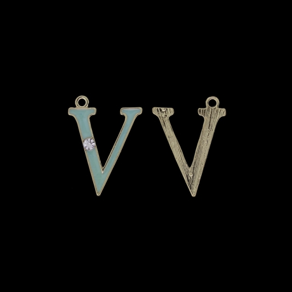 METAL BEADS WITH ENAMEL AND CRYSTALS - PENDANT - LETTER V - 19х26х2mm GOLD AND TURQUOISE (LIGHT) - PACKAGE 40pcs. Hole-1.8mm