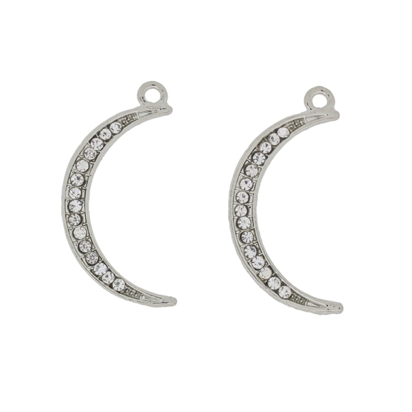 METAL BEADS - RHINESTONE HOLLOW ROUND BEADS - PENDANT - MOON 03 - 17x35x2mm SILVER WITH WHITE  - 4pcs. Hole-2.3mm