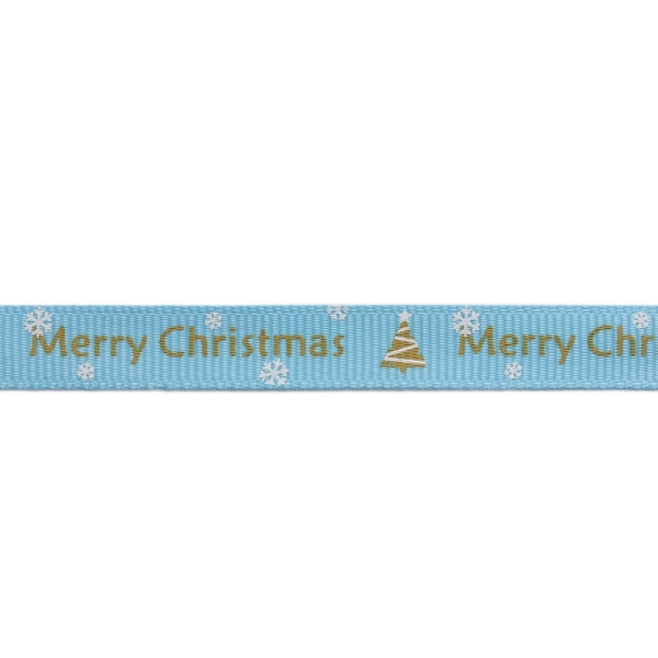 GROSGRAIN RIBBON - PRINT - CHRISTMAS 01 - 10mm BLUE (LIGHT) AND BEIGE - 100yards(91m)