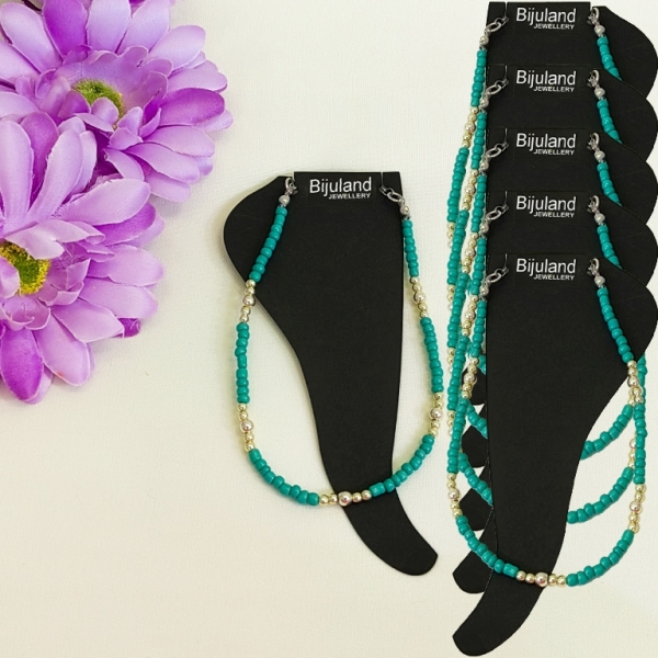 JEWELRY - ANKLET - BRACELET - BEADS SOLID - 22cm TURQUOISE GREEN AND GOLD (LIGHT) (WHOLESALE) - PACKAGE 6pcs.