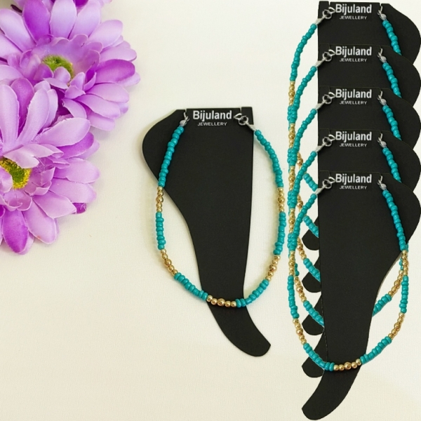 JEWELRY - ANKLET - BRACELET - BEADS SOLID - 22cm TURQUOISE AND GOLD (WHOLESALE) - PACKAGE 6pcs.