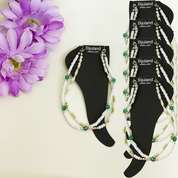 JEWELRY - ANKLET - BRACELET - BEADS SOLID AND CRYSTALS - DOUBLE - 22cm WHITE 41 AND GREEN (DARK) - PACKAGE 6pcs.