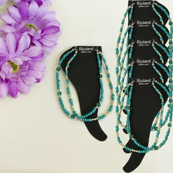 JEWELRY - ANKLET - BRACELET - BEADS SOLID AND CRYSTALS - DOUBLE - 22cm TURQUOISE AND GREEN (DARK) - PACKAGE 6pcs.