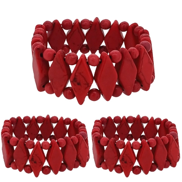 JEWELRY - ELASTIC BRACELET - NATURAL STONE - RHOMBUS 1.1x2.5cm AND BALL 6mm - RED - PACKAGE 12pcs.