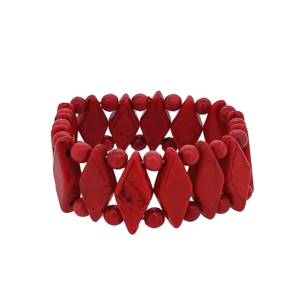 JEWELRY - ELASTIC BRACELET - NATURAL STONE - RHOMBUS 1.1x2.5cm AND BALL 6mm - RED - 1pc.