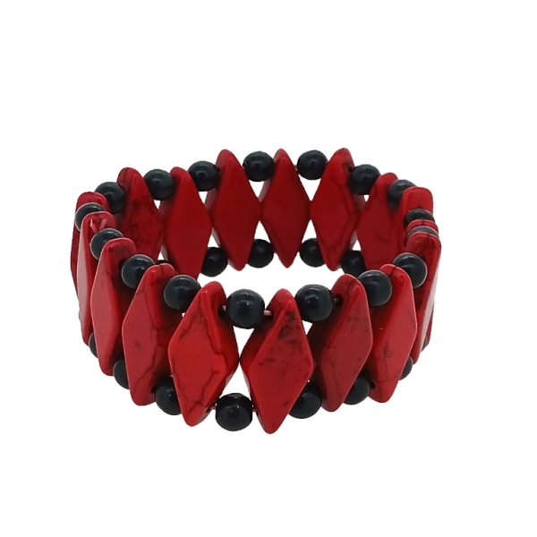 JEWELRY - ELASTIC BRACELET - NATURAL STONE - RHOMBUS 1.1x2.5cm AND BALL 6mm - RED AND BLACK - 1pc.