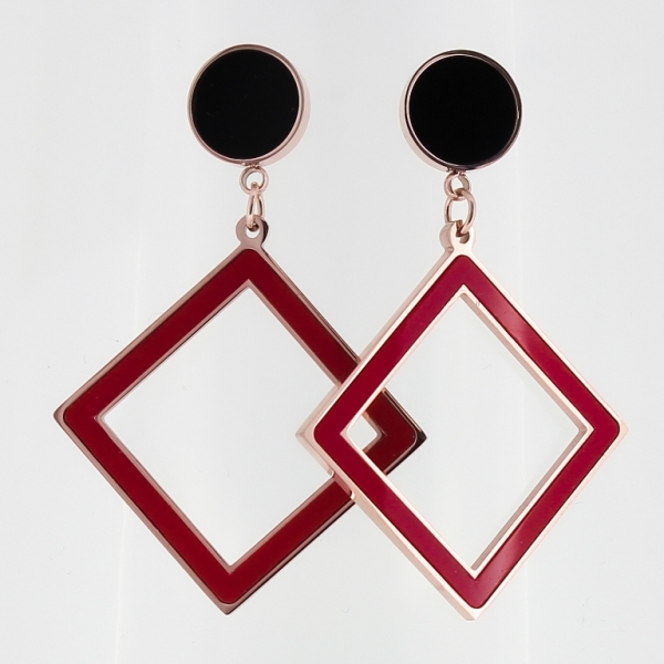 JEWELRY - EARRINGS - SCREW - STAINLESS STEEL AND RESIN - CIRCLE AND SQUARE 01 - 3x4.5cm ROSE GOLD WITH BLACK AND RED - 1 pair