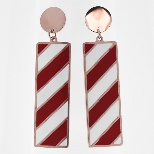 JEWELRY - EARRINGS - SCREW - STAINLESS STEEL WITH ENAMEL - CIRCLE AND RECTANGLE 02 - 1.4x5.2cm ROSE GOLD WITH WHITE STRIPES AND RED - 1 pair