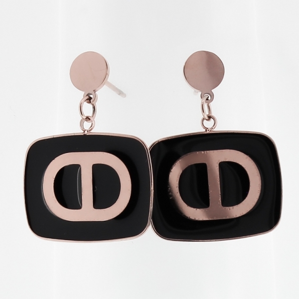 JEWELRY - EARRINGS - SCREW - STAINLESS STEEL WITH ENAMEL - PLATE Ф - 2x2.5cm ROSE GOLD AND BLACK - PACKAGE 6 pairs