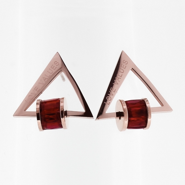 JEWELRY - EARRINGS - SCREW - STAINLESS STEEL WITH CRYSTAL - TRIANGLE LOVE VALUES - 2x2cm ROSE GOLD AND RED - 1 pair