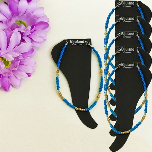 JEWELRY - ANKLET - BRACELET - BEADS SOLID - 22cm BLUE SKY (DARK) AND GOLD (WHOLESALE) - PACKAGE 6pcs.