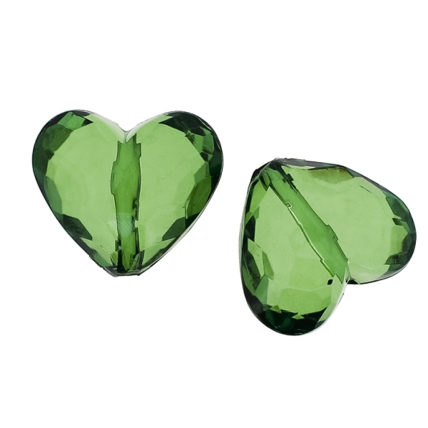 TRANSPARENT PLASTIC BEADS - HEART 06 FACETED - 25x29x16mm GREEN (DARK) V17 - 50g Hole-2.8mm (8pcs.)