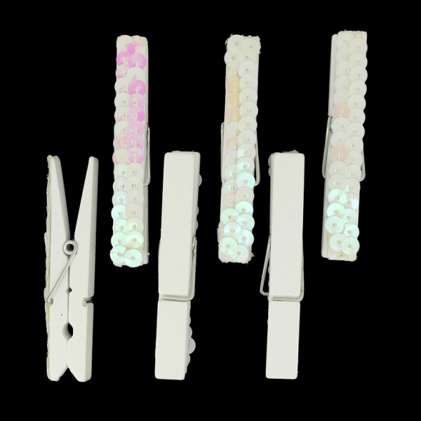 WOODEN FIGURES - CLOTHESPIN - SEQUINS - 74х13х10mm WHITE - PACKAGE 50pcs.