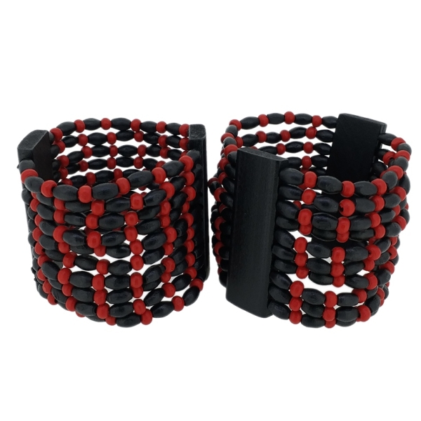 JEWELRY - ELASTIC BRACELET - WOODEN - 2 TILES WITH 10 STRINGS - BLACK AND RED - PACKAGE 12pcs.