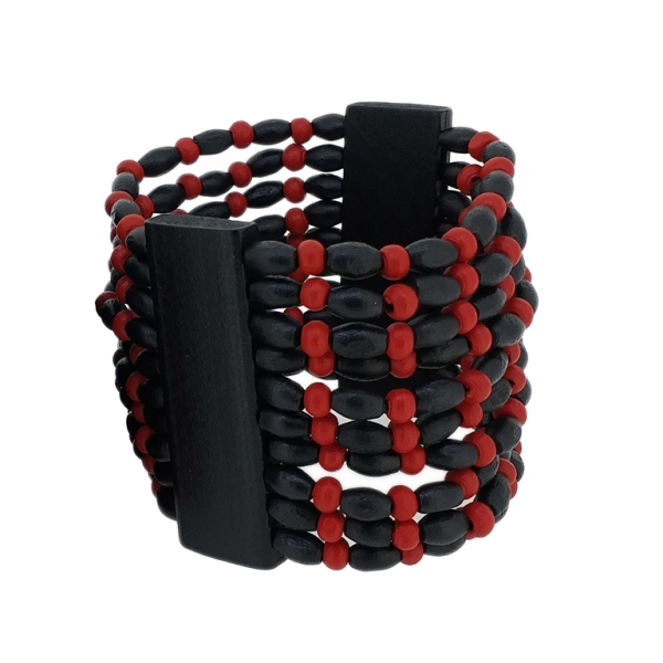 JEWELRY - ELASTIC BRACELET - WOODEN - 2 TILES WITH 10 STRINGS - BLACK AND RED - 1pc.