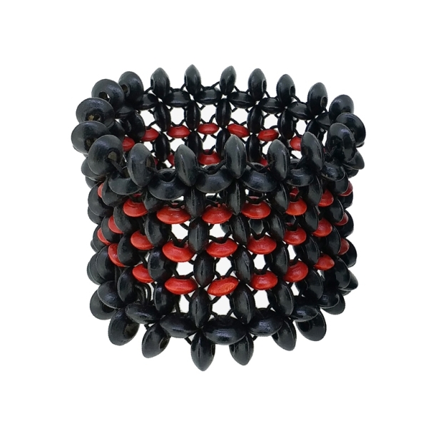 JEWELRY - ELASTIC BRACELET - WOODEN - GRID OF FLYING SAUCERS - BLACK AND RED - 1pc.