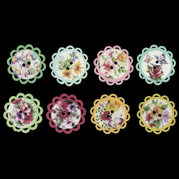 WOODEN FIGURES - BUTTON TYPE - FLOWER 13 - 25x2mm MIX - 10pcs.  Hole-2x2.0mm