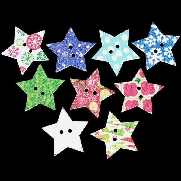 WOODEN FIGURES - CHRISTMAS - BUTTON TYPE - STAR 04 - 25x4mm WHITE AND MIX - 10 pcs. Hole-2x2.0mm