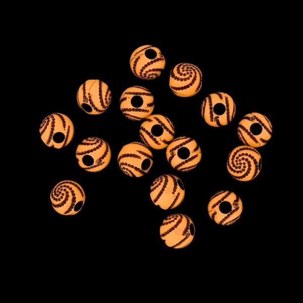 PLASTIC BEADS - IMITATION WOOD - BALL SPIRAL - 8mm ORANGE AND BROWN (DARK) - 50g Hole-2.8mm (205pcs.)