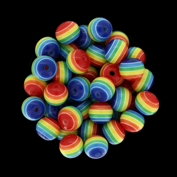 RESIN PLASTIC BEADS - BALL RESIN STRIPE BEADS - 10mm RAINBOW - 25 pcs. Hole-2.0mm