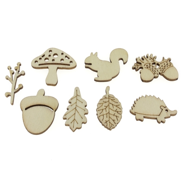 LASER CUT WOODEN FIGURES FOR GLUING - FOREST MIX 01 (China) - NATURAL - PACKAGE 100pcs.